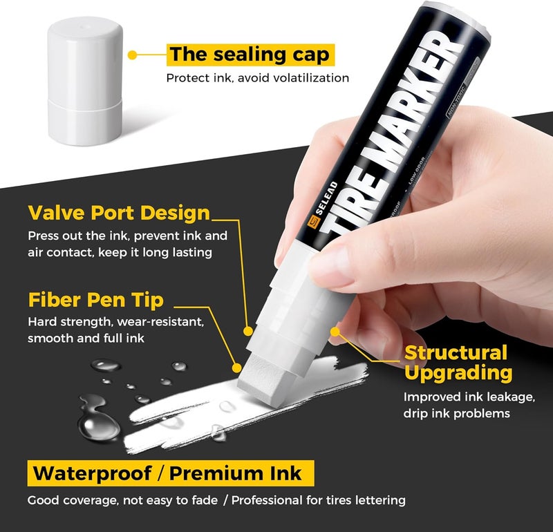 SELEAD Jumbo Tire Marker White - 4 Pack 15mm Wide Tip Paint Pens for Car Tires Lettering, Large Capacity Premium Ink Waterproof Permanent Markers - Image 4